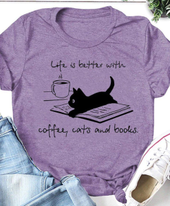 Coffee Cat Book Letter Print Women Slogan T Shirt TPKJ3